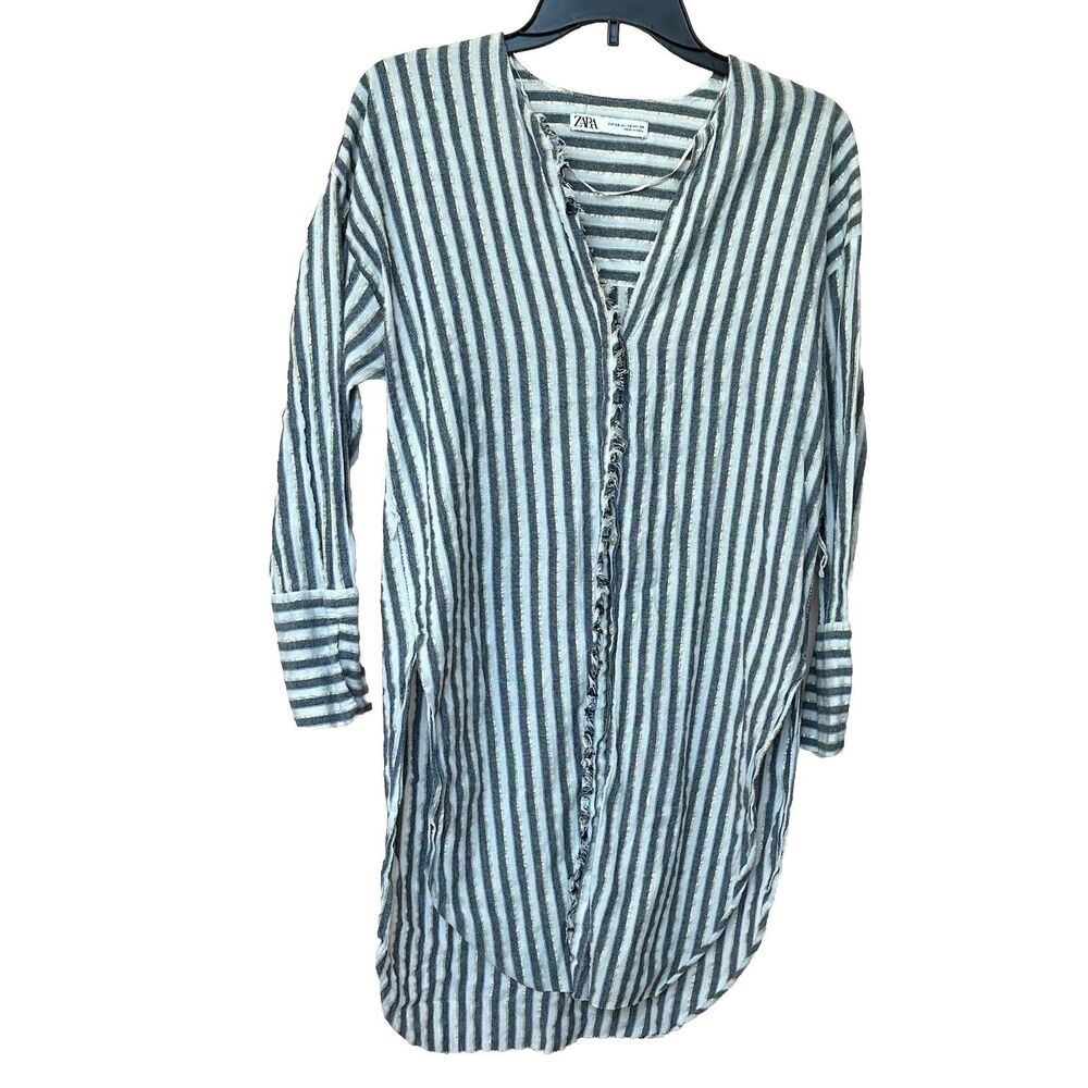 Zara Top Women’s XS Tunic White Blue Gold Stripe Button Down Long Sleeve Coastal